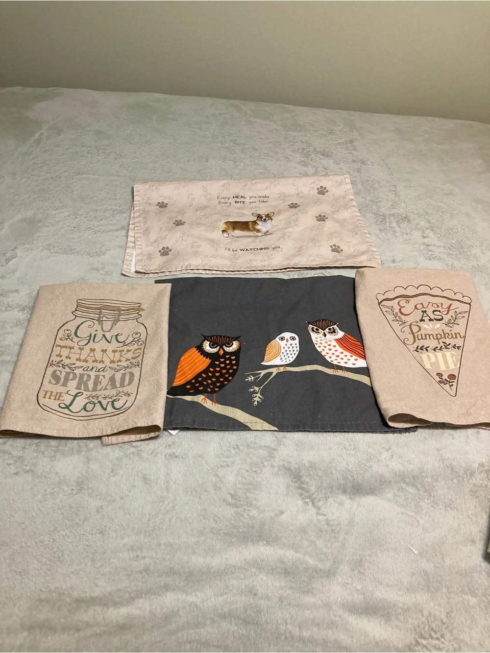 Kitchen Linens Set - Owl & Autumn Designs in Beige, Black, Orange Bundle Of 4